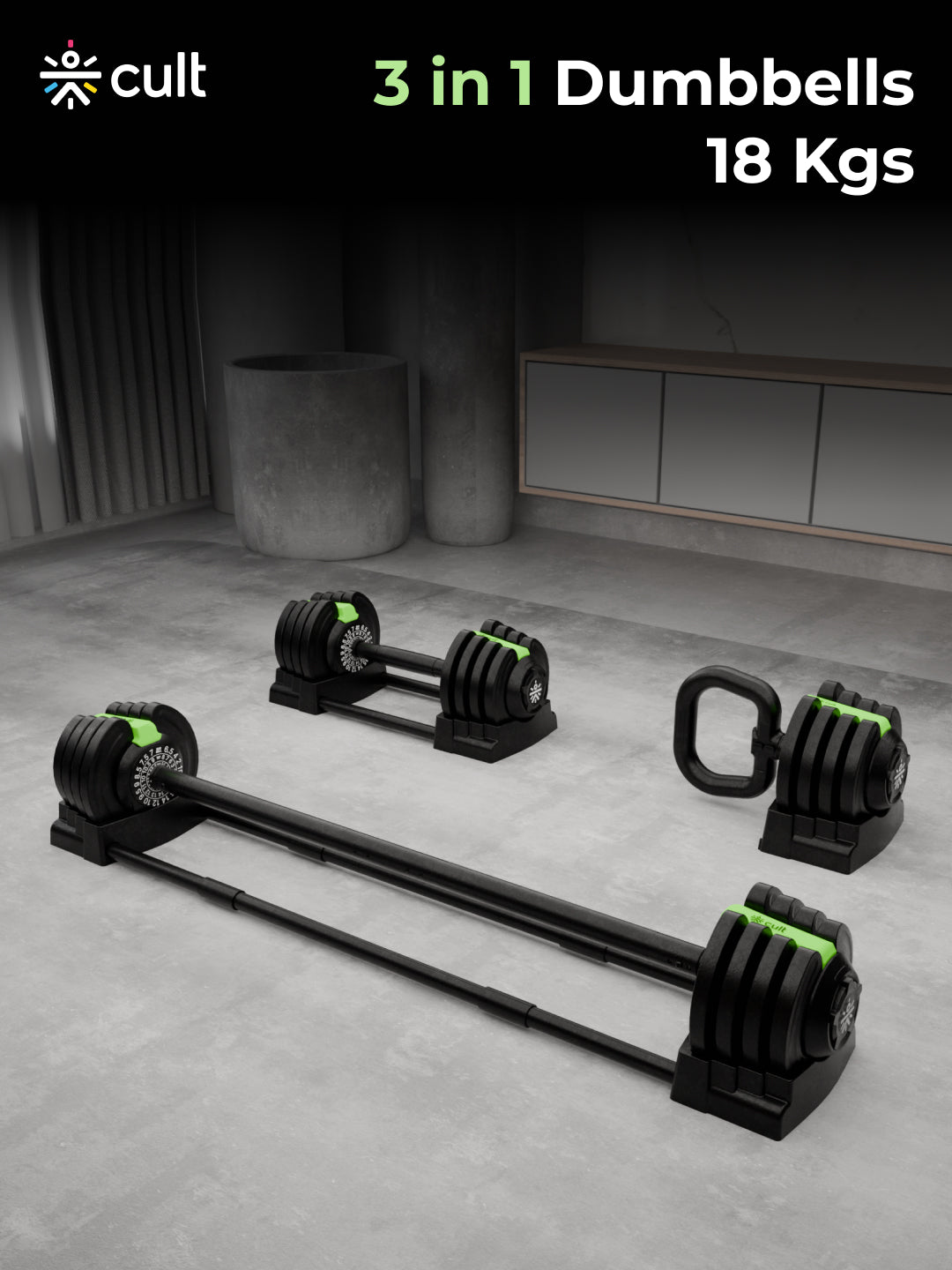 Cult 3in1 Adjustable Dumbbell (1.5-18kg), Kettlebell (1-10kg), Barbell (2-19kg) | All-in-One Compact Home Gym Equipment - Black