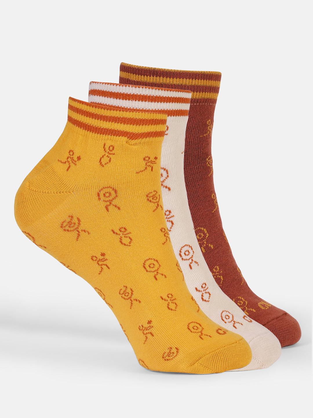 Casual Ankle Length Pack of 3 Mustard,Off White & Rust Patterned Women's Socks