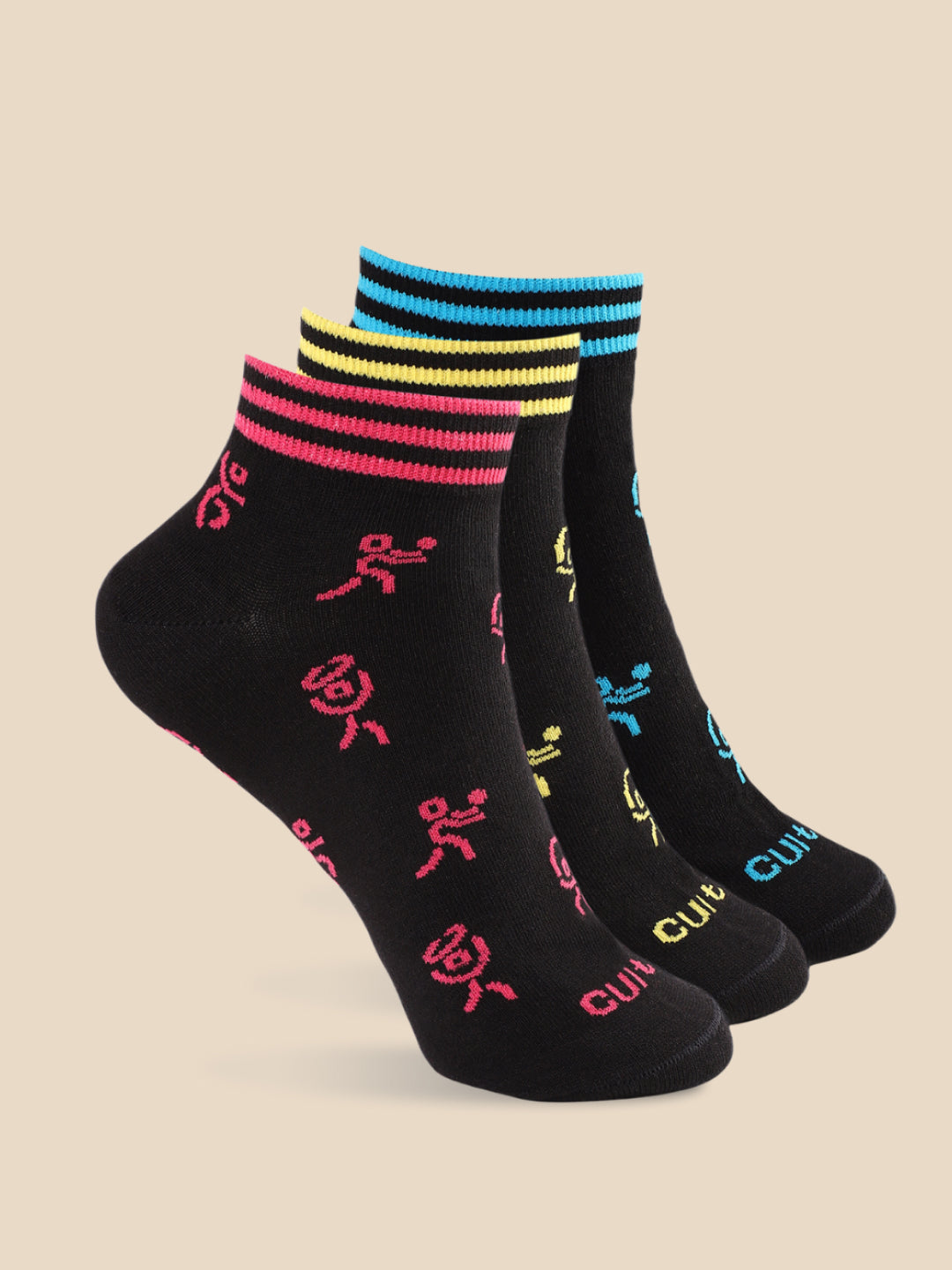 Casual Ankle Length Pack of 3 Black Patterned Men's Cotton Socks