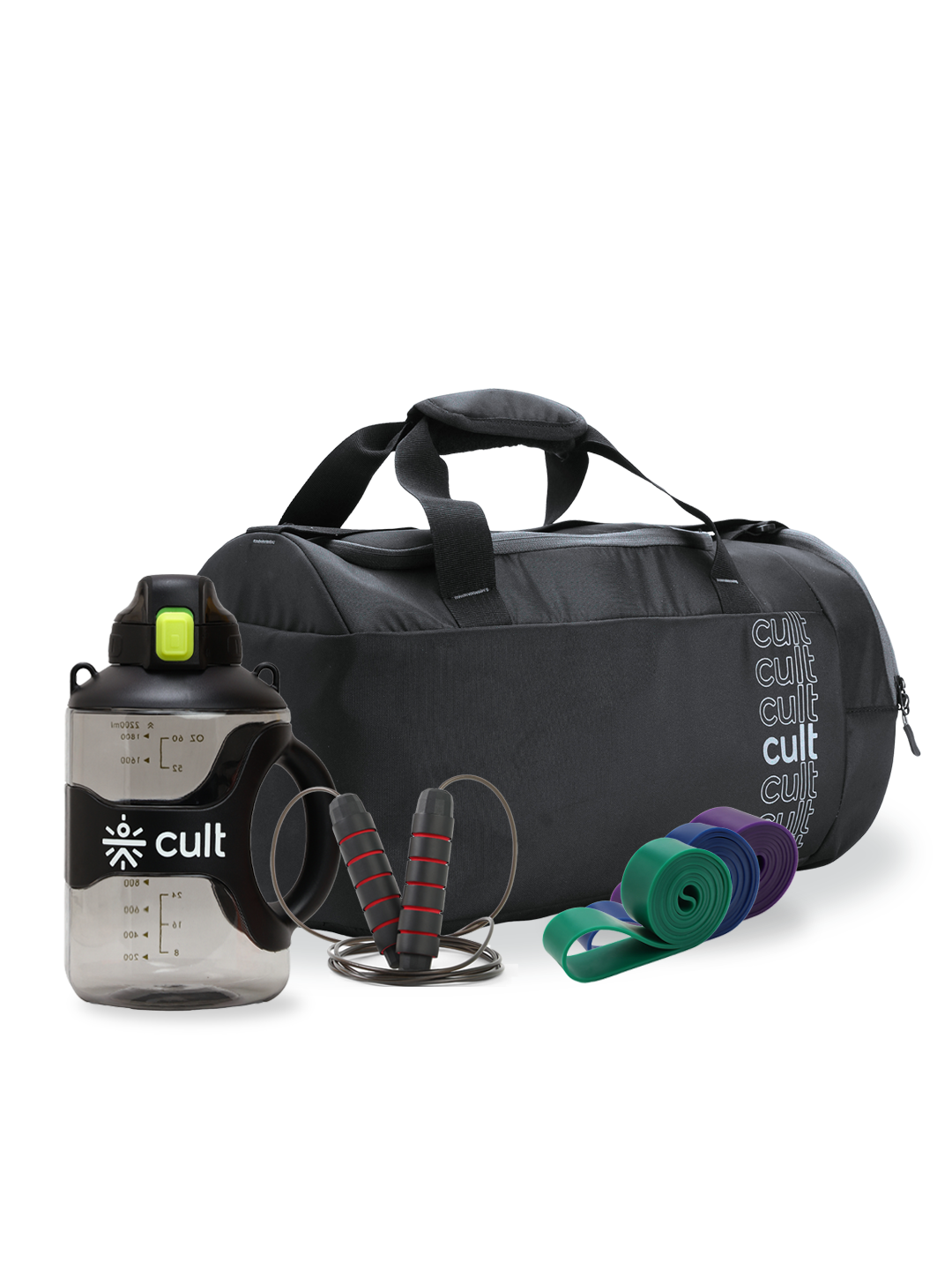Cult Premium Training Start Kit with Resistance Band set of 3, Skipping Rope Red, Gallon Bottle 2.2 L Black & Duffle bag 35 L