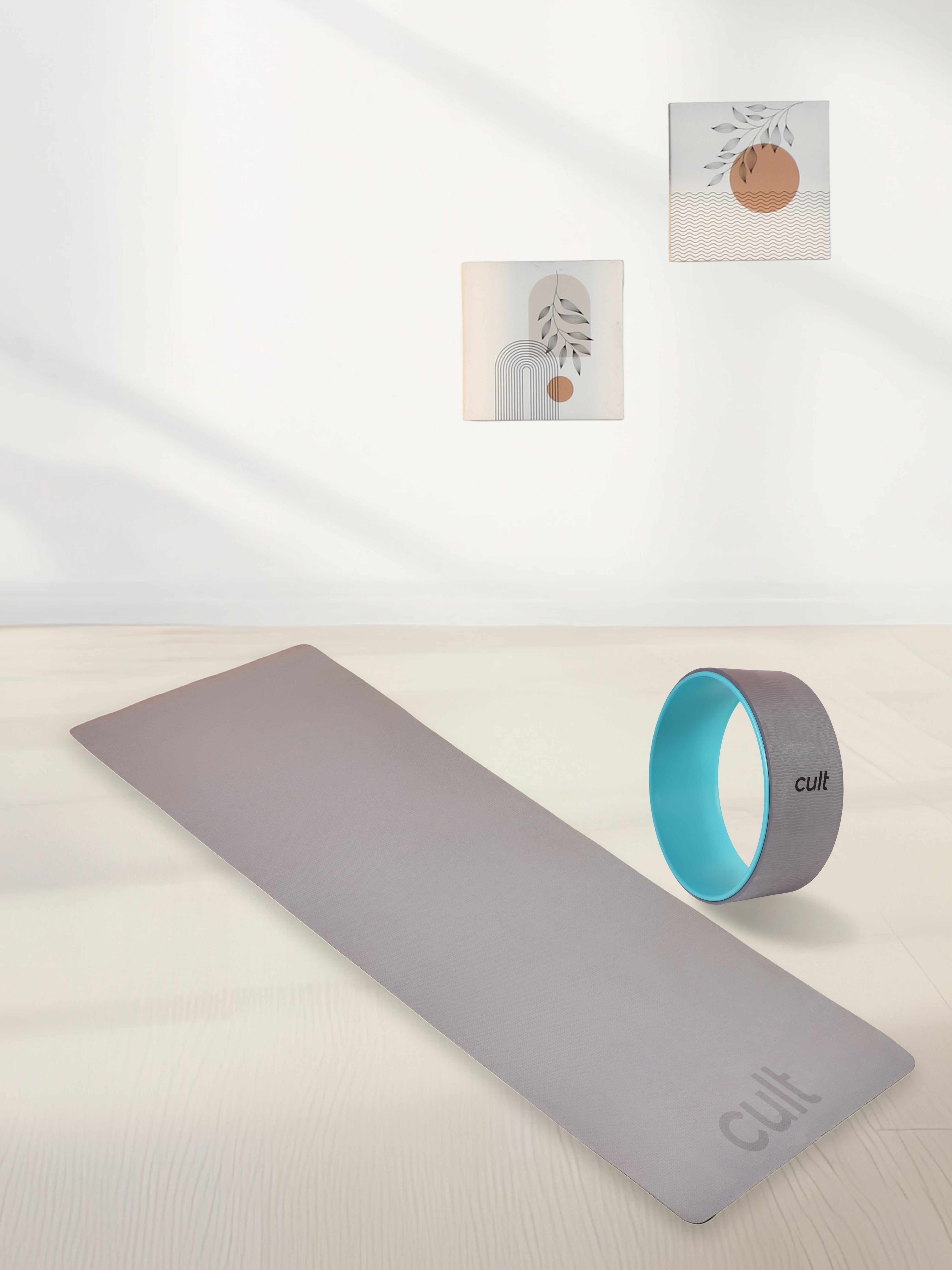 EVA 5mm Yoga Mat with carry strap with Yoga Wheel Grey
