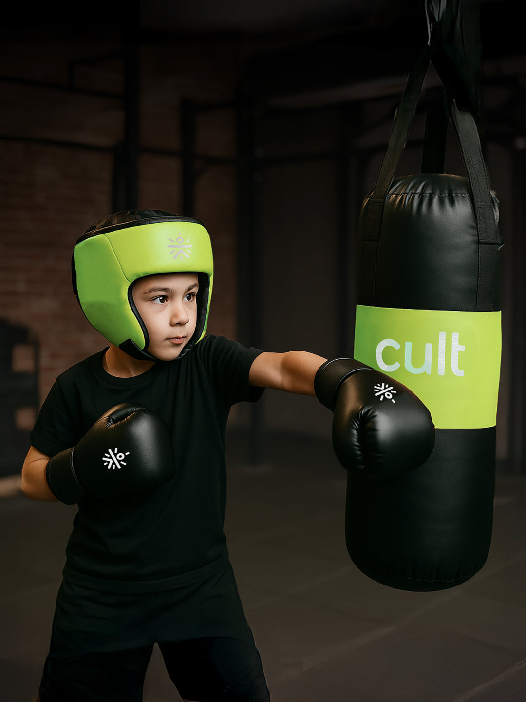 cult Kids Boxing Kit - Punching bag, Boxing Gloves and Head gear Green