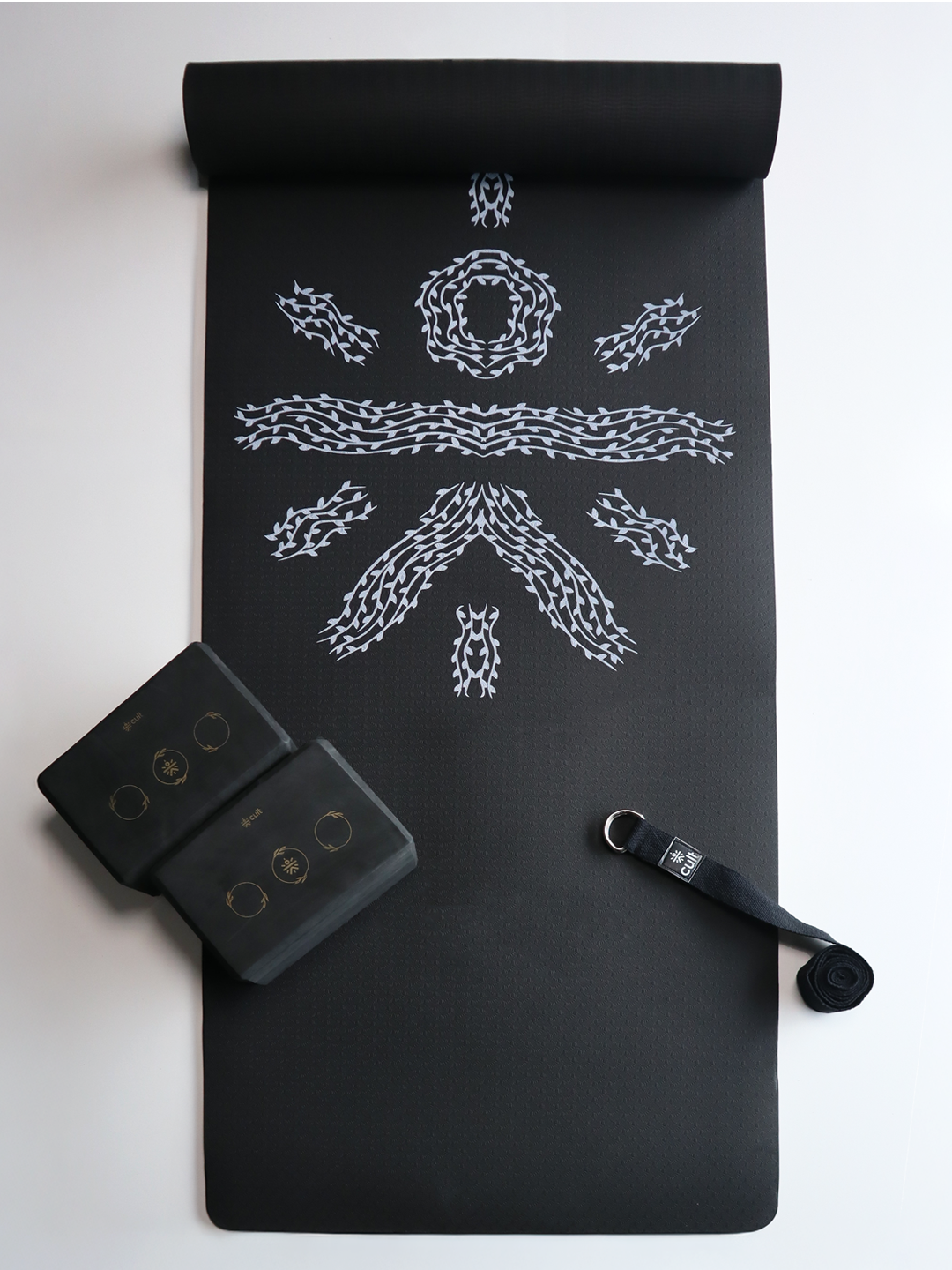 Cult Yoga Essentials Combo  Black (6mm TPE Mat + Pair of Knee Pad + Yoga Belt)