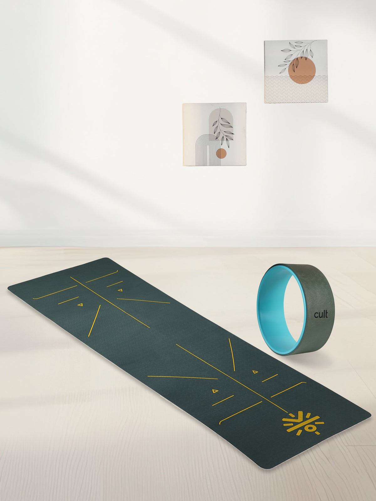 TPE Alignment 6mm Yoga Mat Green with Carry Strap & Yoga Wheel Green