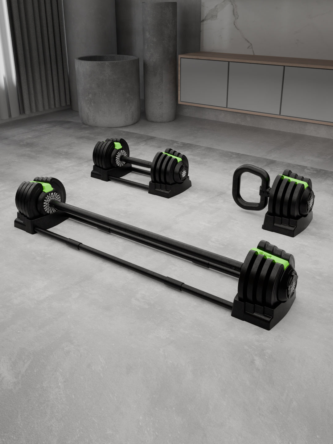 Cult 3in1 Adjustable Dumbbell (1.5-18kg), Kettlebell (1-10kg), Barbell (2-19kg) | All-in-One Compact Home Gym Equipment - Black