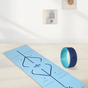 TPE Alignment Yoga Mat Blue 6mm with Carry Bag & Yoga Wheel Blue