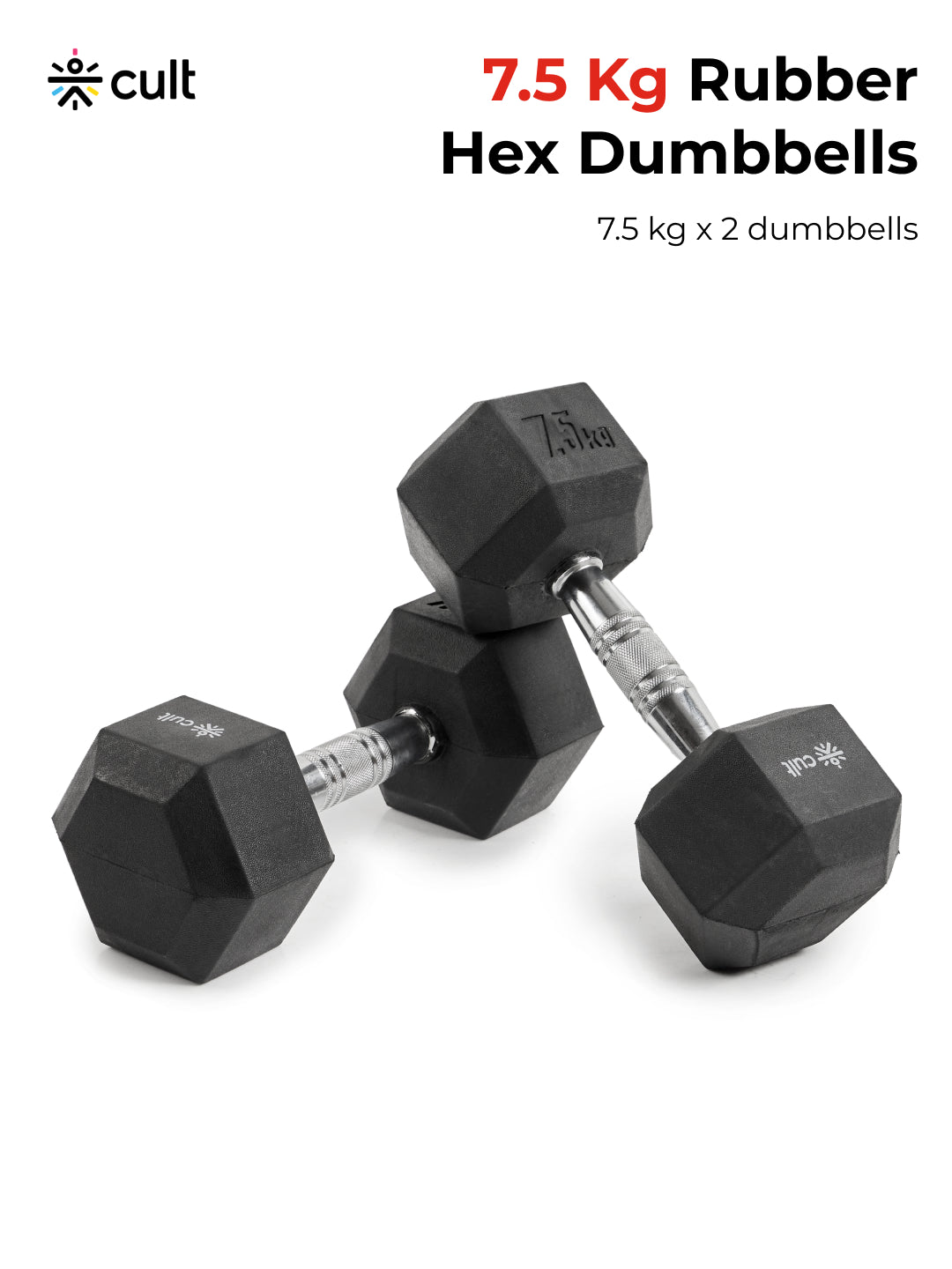 Cult 7.5Kg Hex Dumbbells For Home & Gym Exercises, Set of 2, (Black)