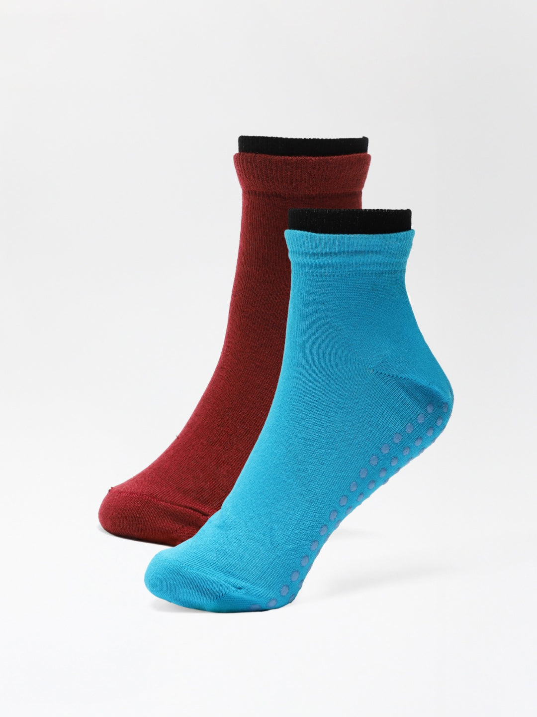 Yoga Anti-skid Ankle Length Pack of 2 Blue & Maroon Unisex Cotton Socks
