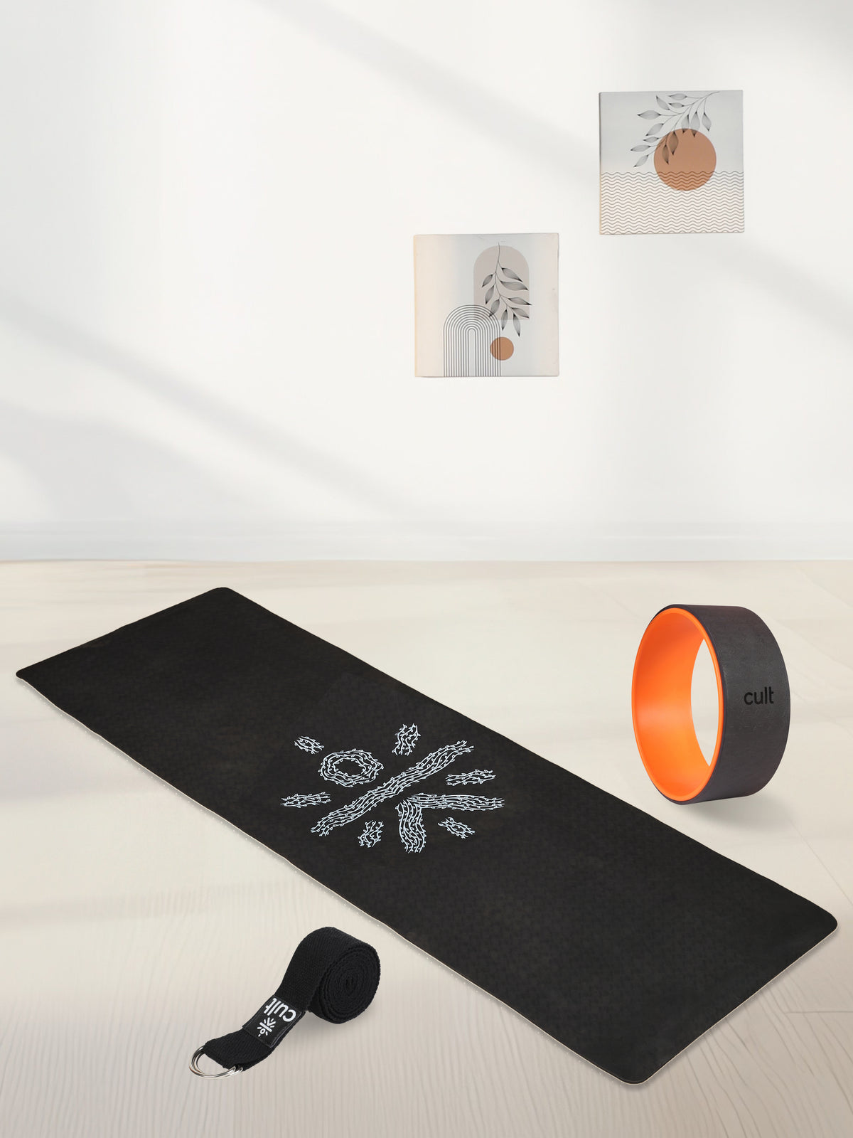 TPE 6mm Yoga Mat Black with Carry bag & Yoga Wheel Grey & Yoga Belt Black