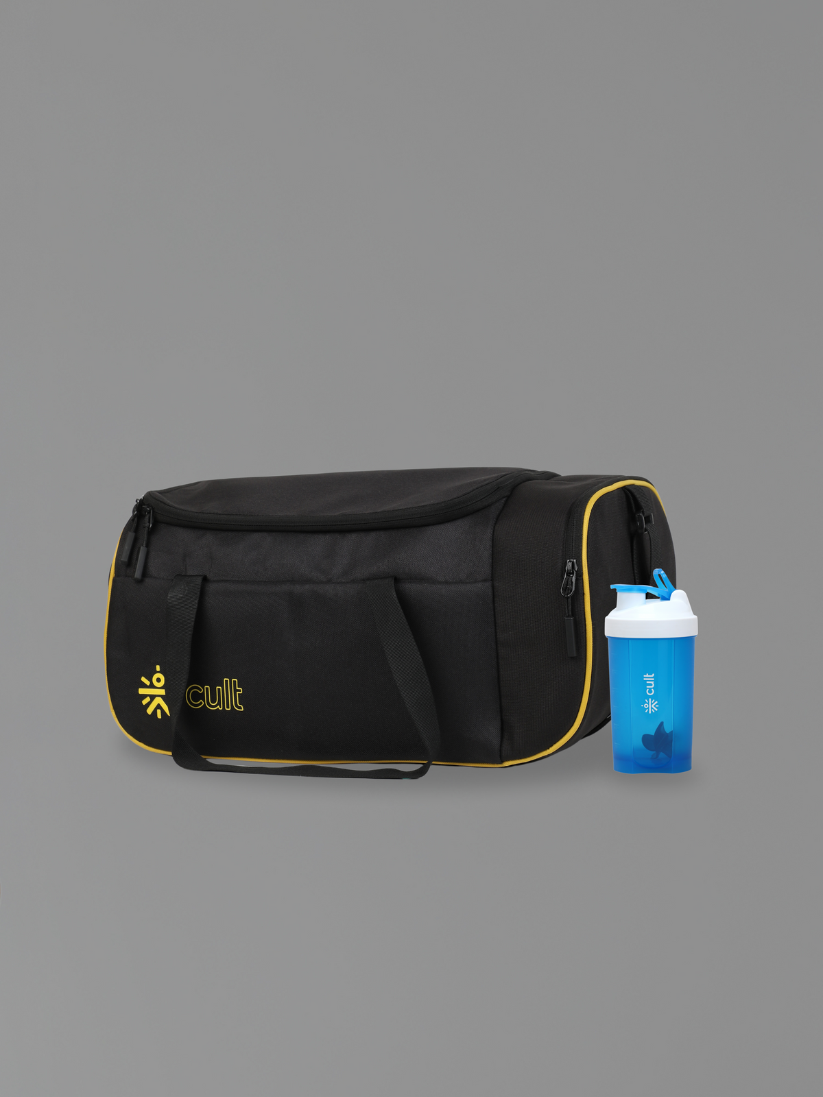 Compact 25L Duffle Bag with Shoulder Strap (Black) & 500ml Shaker Bottle with Mixer Ball (Blue)