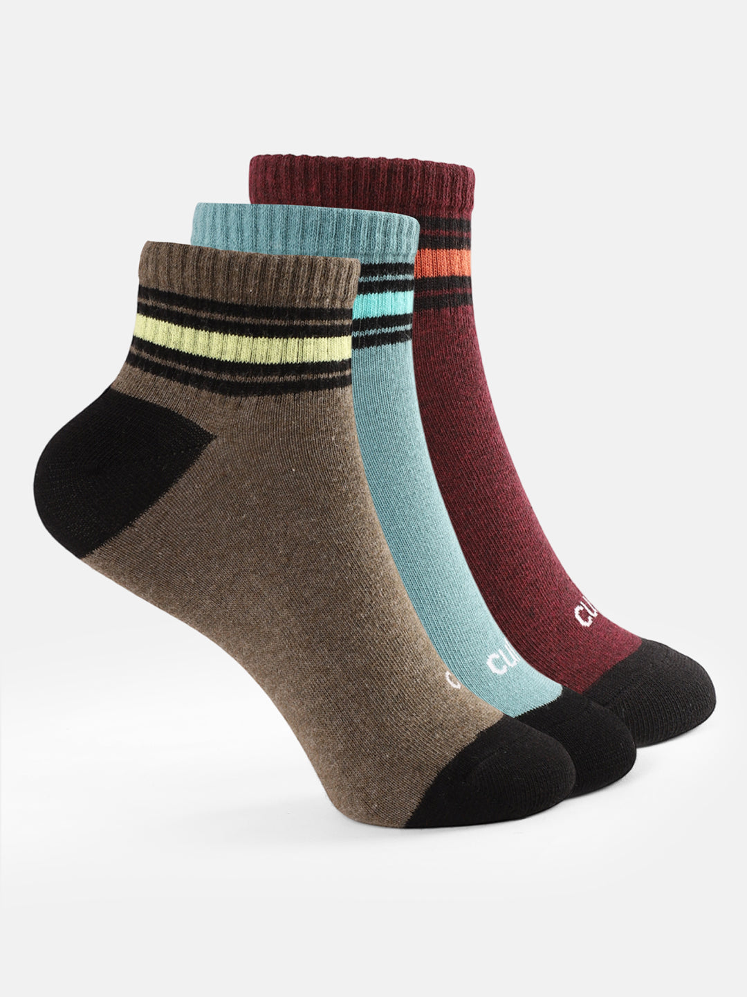 Sports Ankle Length Pack of 3 Olive,Teal & Maroon Patterned Women's Socks