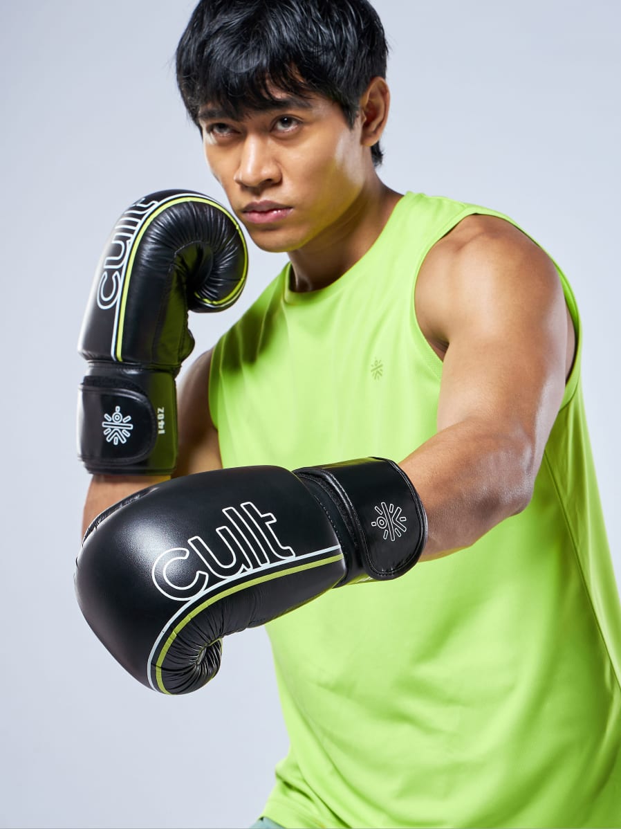 cult Premium Leather Boxing Gloves for Men & Women Foam Padding Thickness 35 mm Punching Bag Gloves for Boxing, Training, Kickboxing, Muay Thai, MMA Boxing Gloves Black & Green