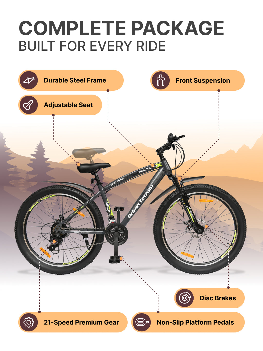 Bolt Ultra Mountain Bike Steel 21 Speed Cycle 27.5 inch Tyre, Grey With Front Suspension, Double Wall Rim and Dual Disc Brakes, Ideal For 5.2 ft to 6 ft
