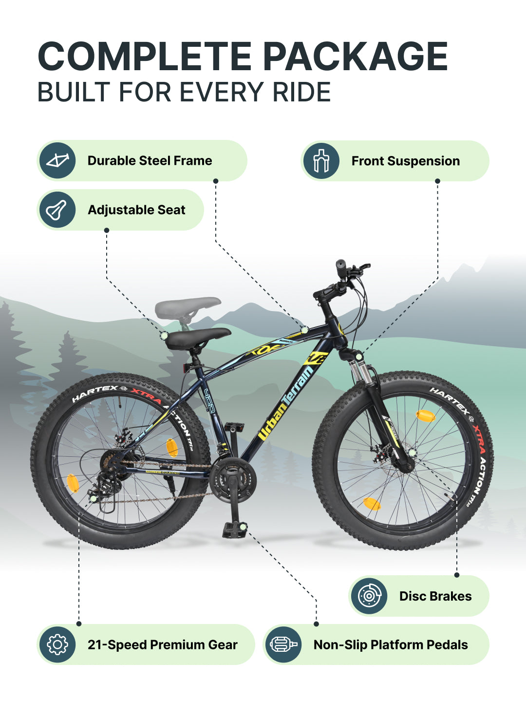 Rogue Mountain Bike Steel 21 Speed Cycle 26 inch Fat Tyre, Blue With Front Suspension, Single Wall Rim and Dual Disc Brakes, Ideal For 5 ft to 5.7 ft