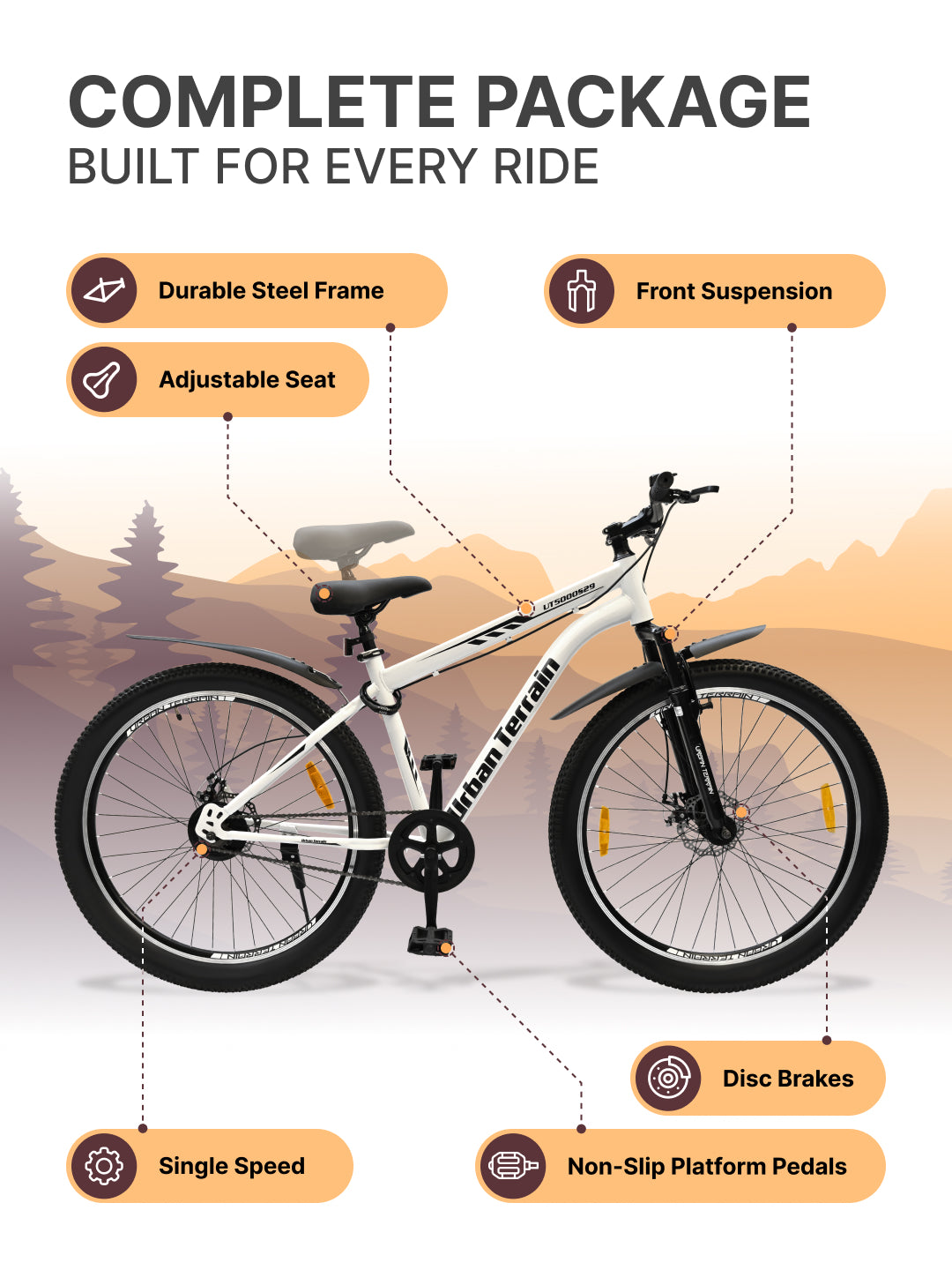 UT5000S29ACC Mountain Cycle Steel Single Speed 29 inch with Dual Disc Brakes, Front Suspension, Double Wall Alloy Rim, Bell & Lock, White