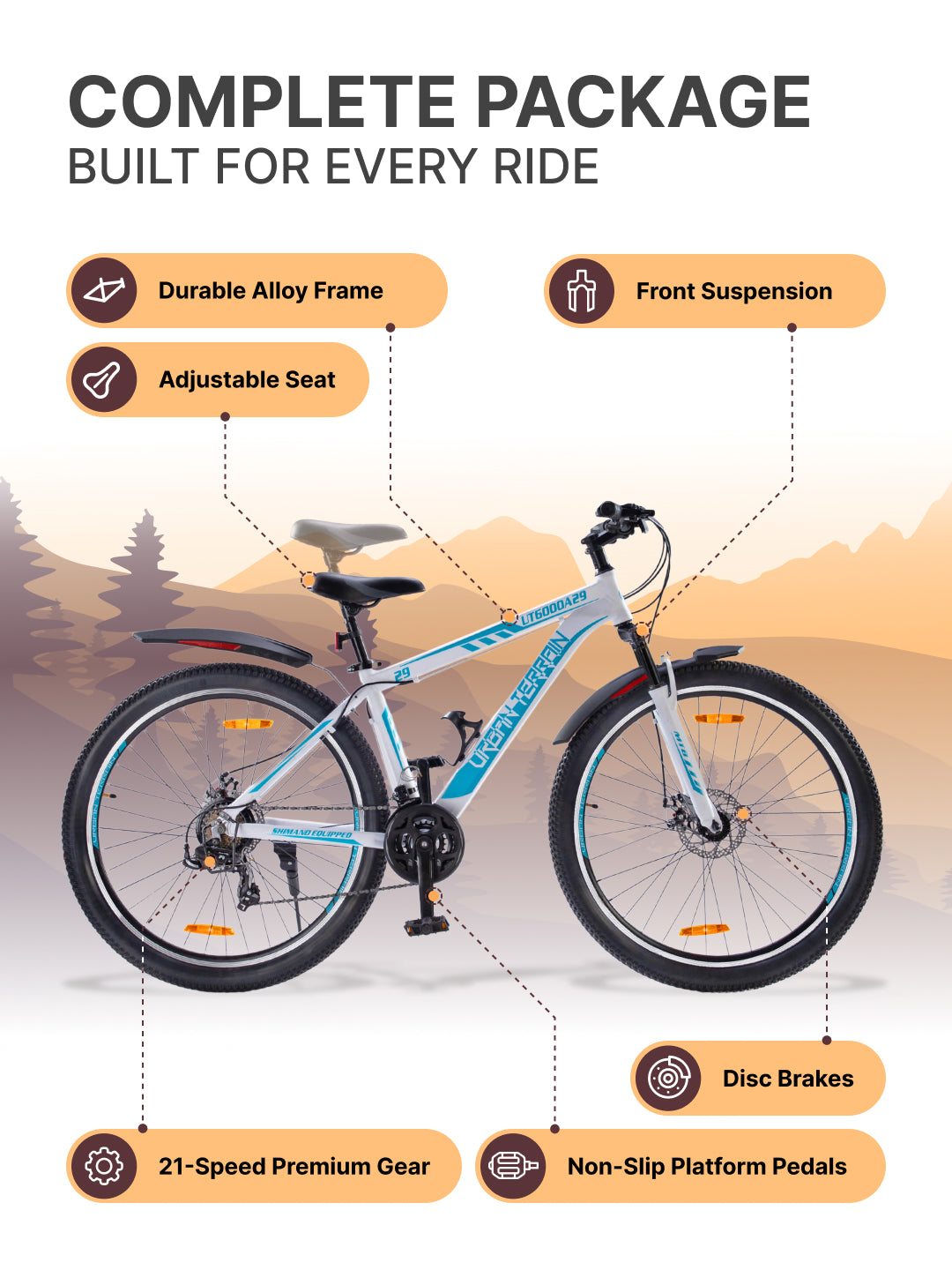UT6000A29 Mountain Bike Alloy 21 Speed Cycle Shimano Gear 29 inch Tyre, White With Front Suspension, Double Wall Rim And Dual Disc Brake, Ideal For 5.6 ft & above