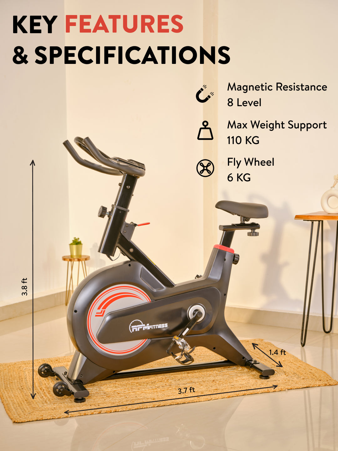 RPM600 NoiseFree Spinbike | 6kg Flywheel | Max Weight 110kg | 8 Level Magnetic Resistance | Black & White (with 6 months extended warranty)