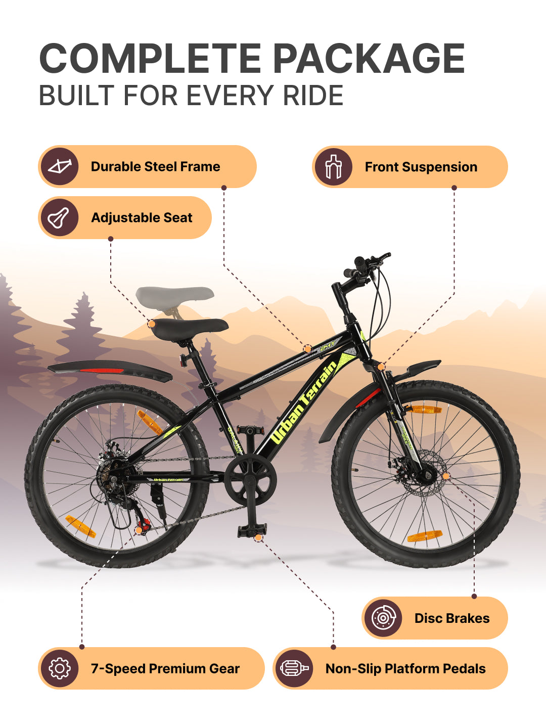 Galaxy Max Mountain Bike Steel 7 Speed Cycle 24 inch Tyre, Black With Front Suspension, Single Wall Rim and Dual Disc Brakes Ideal For 4.5 ft to 5.3 ft