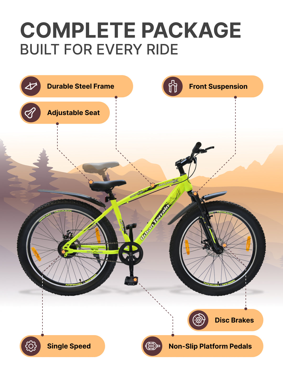 Bolt Pro Mountain Bike Steel Single Speed Cycle 27.5 inch Tyre with Dual Disc Brakes, Front Suspension, Double Wall Alloy Rim, Green