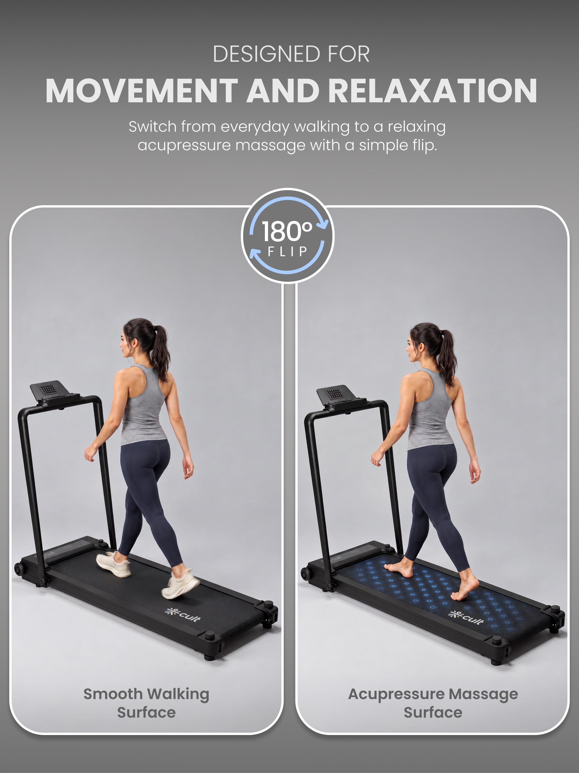 Cult Dual-Side Walkpad with Vibration & Acupressure Massage Grooves | 4 HP BLDC Motor | Max User Weight 120Kg | Remote Control & Tablet Holder | Treadmill for Home ( 6 months extended warranty)