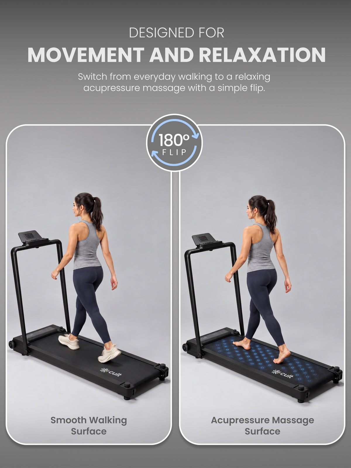 Cult Dual-Side Walkpad with Vibration & Acupressure Massage Grooves | 4 HP BLDC Motor | Max User Weight 120Kg | Remote Control & Tablet Holder | Treadmill for Home ( 6 months extended warranty)
