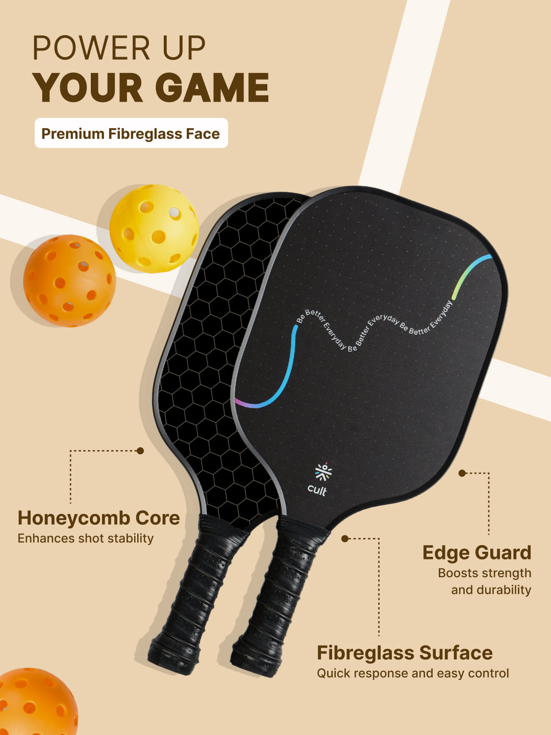 Pickle Ball Unisex Tough Fibreglass Material  Lightweight & Durable Cushion Comfort Handle Grip Includes 2 Paddles (Black), 2 Indoor Balls (Yellow), 2 Outdoor Balls (Orange) & Bag
