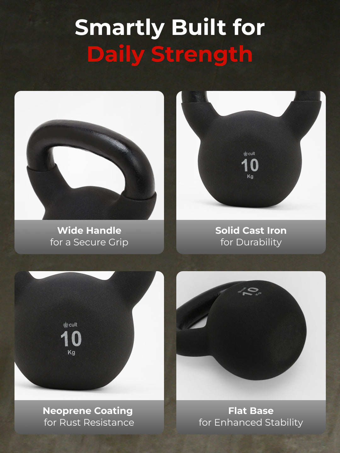 Cult 10kg Neoprene Anti-Slip Grip Kettlebell for Home Workout - Black