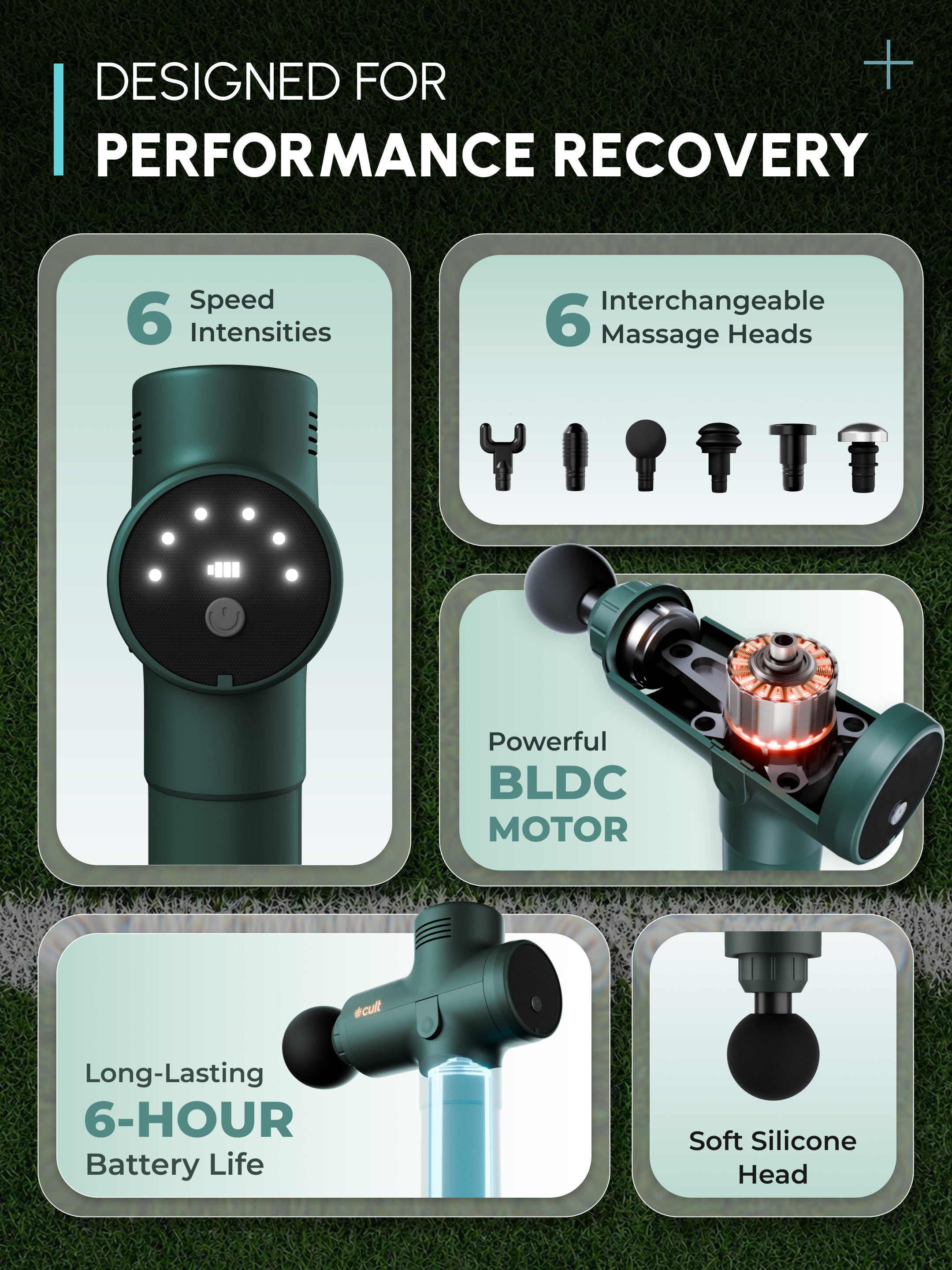 Cult TORQ X Massage Gun for Deep Tissue Muscle Recovery | BLDC Motor, 10mm Amplitude, 6 Speed Levels, 6 Massage Heads, 6-Hour Battery | Pain Relief Massager for Hybrid Athletes, Runners & Fitness Enthusiasts, Green