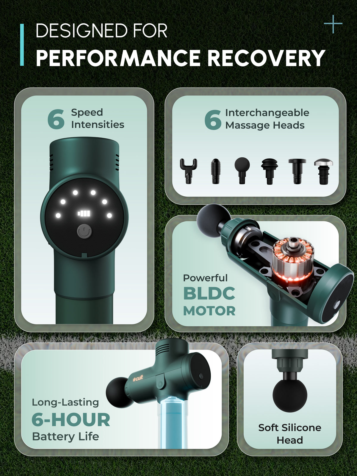 Cult TORQ X Massage Gun for Deep Tissue Muscle Recovery | BLDC Motor, 10mm Amplitude, 6 Speed Levels, 6 Massage Heads, 6-Hour Battery | Pain Relief Massager for Hybrid Athletes, Runners & Fitness Enthusiasts, Green