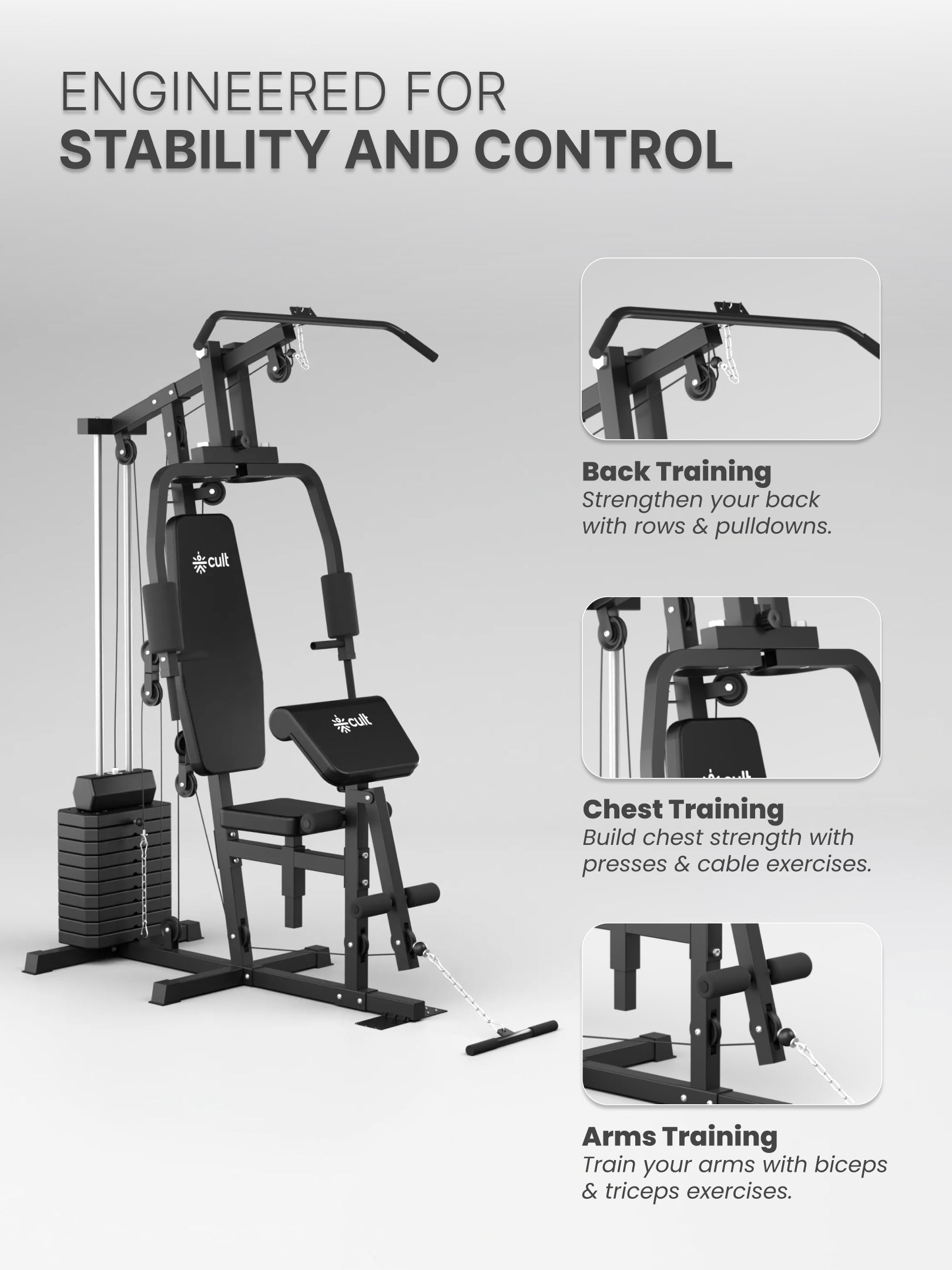 Cult Home Strength Multi Gym Machine | 45 kg Weight Stack | Multi Exercises | High, Mid & Low Pulley | Adjustable Seat | All-in-One Home Gym Equipment for Full Body Strength Training