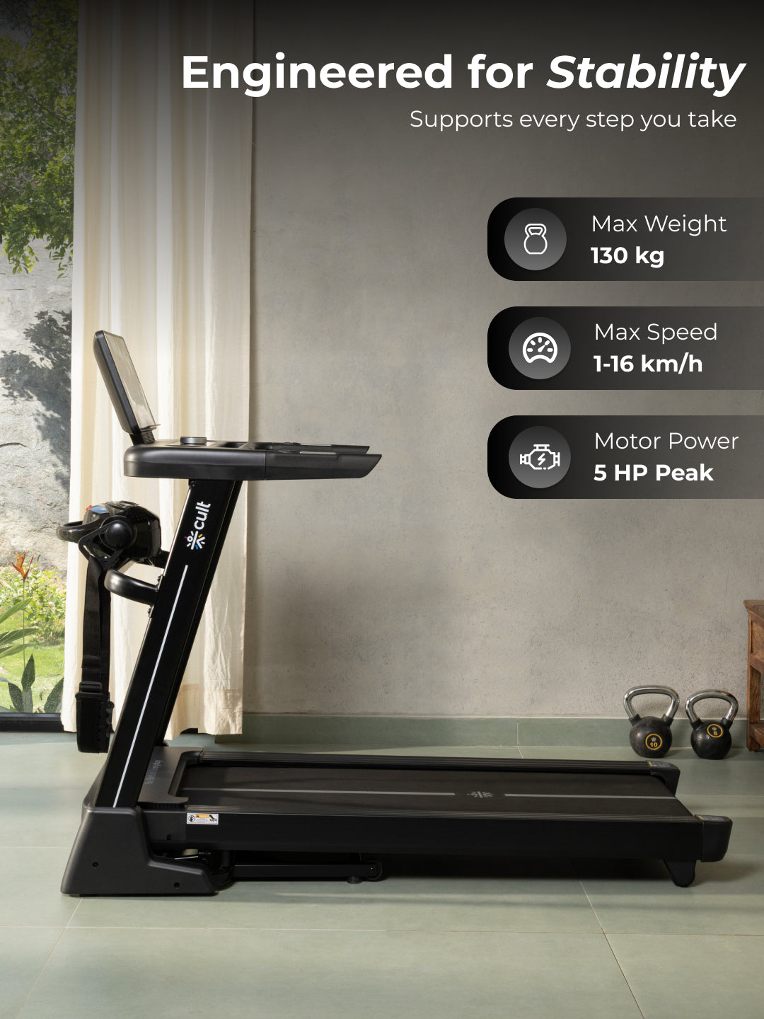 Cult SmartStrideActive BLDC Motor (5HP Peak) Treadmill with Massager | Max Weight: 130kg | 15 Level Auto Incline (with 6 Months extended warranty)