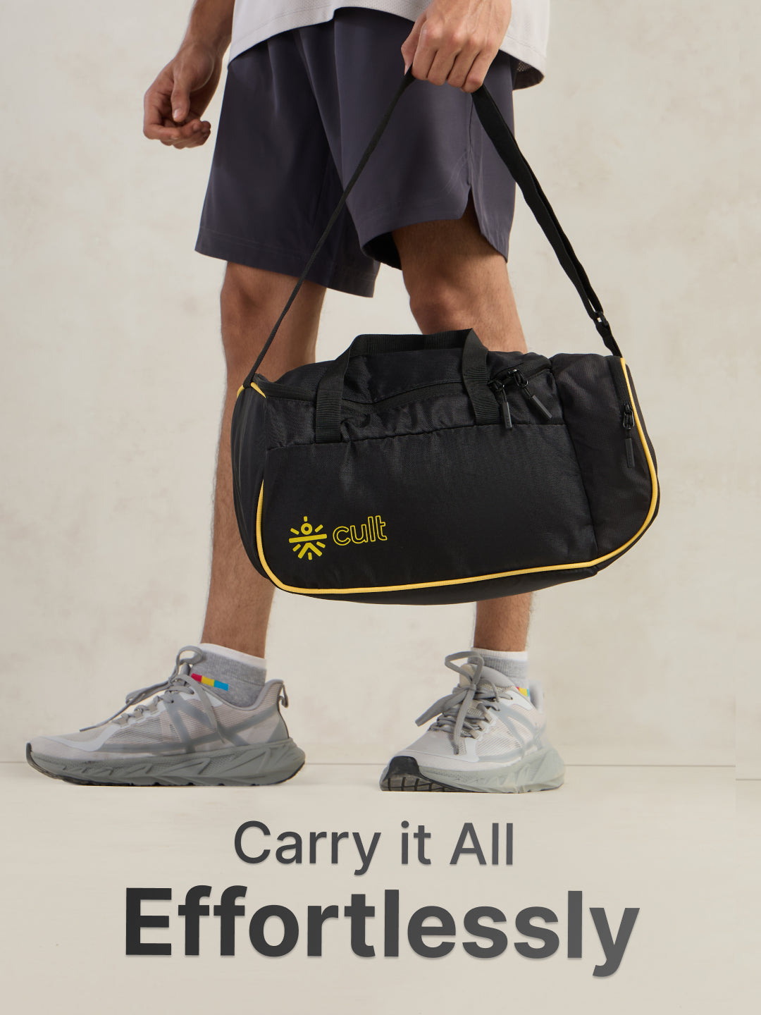 cult 25 Litre Gym Duffle Bag Black Yellow Unisex with Multipockets