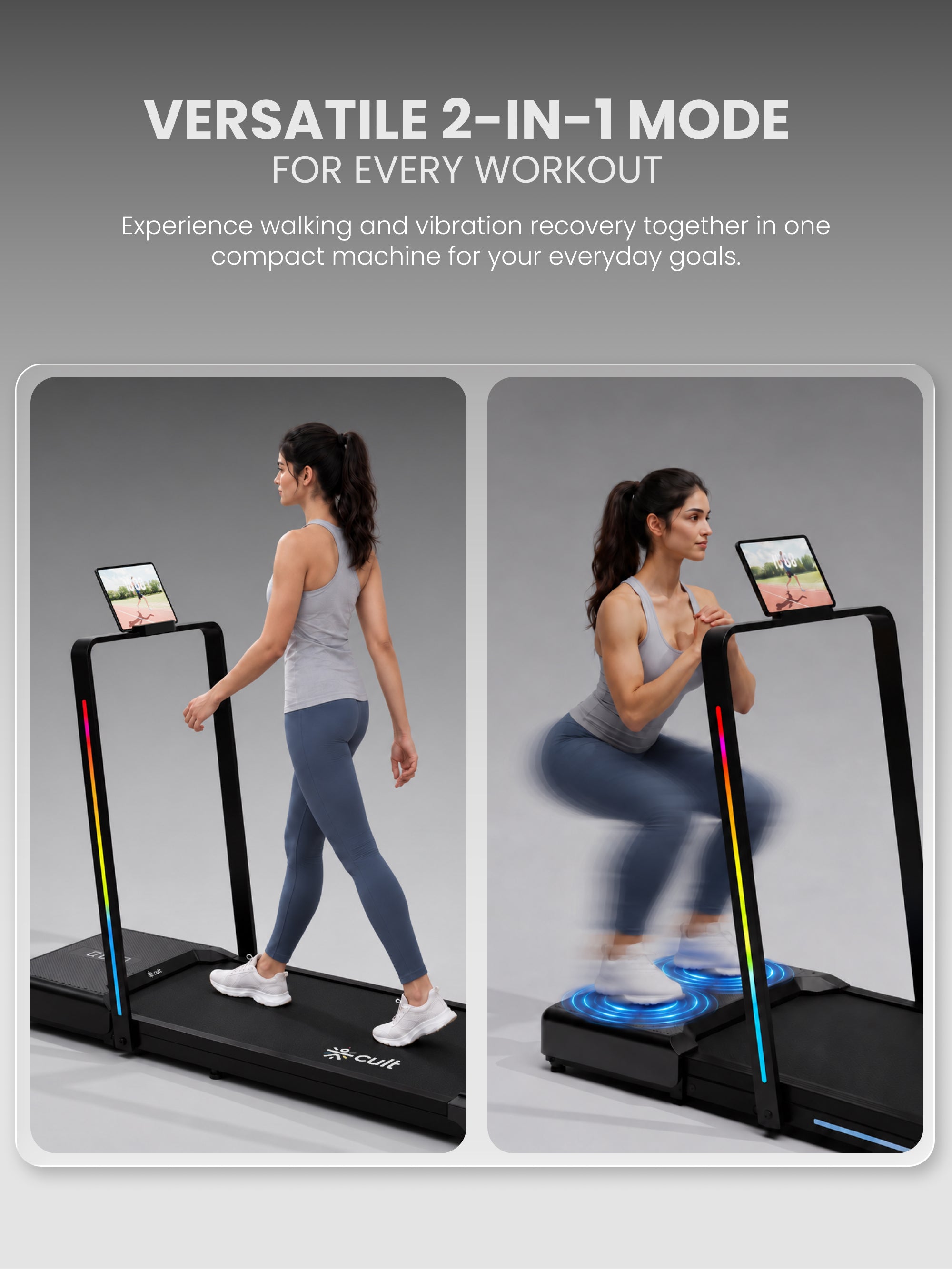 Cult VibeWave Walking Pad with Front Vibration Plate Massager | 5HP Peak BLDC Motor | 120kg Max Load | 130 Vibration Levels | Remote Control & Tablet Holder | Treadmill for Home Use (with 6 months extended warranty)