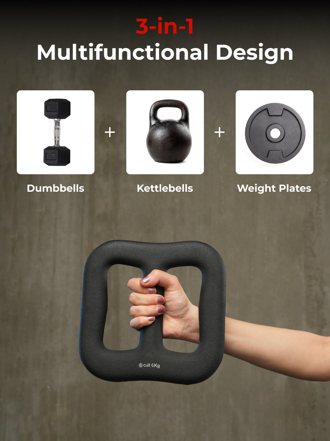 Cult MultiFlex 6KG 3-in-1 Neoprene Coated Weight | Use as Kettlebell, Dumbbell & Weight Plate | Ideal for Full Body Workouts