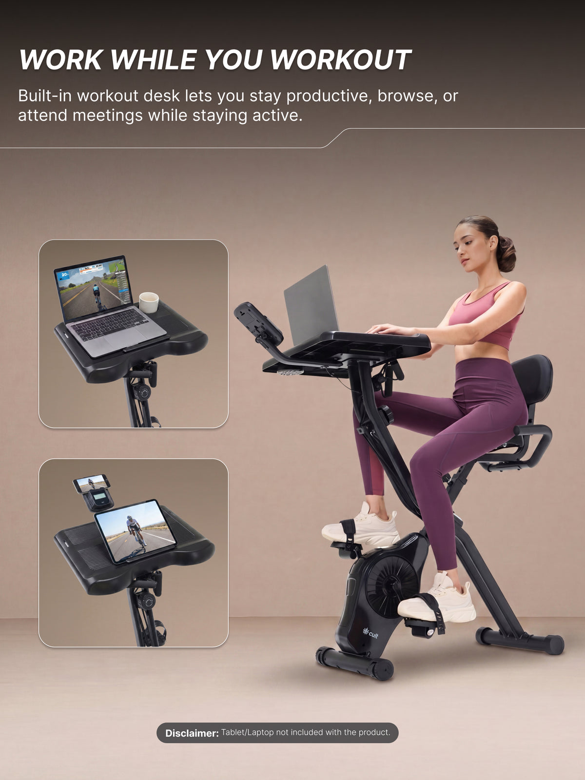 Cult X-Bike with Table | Sturdy & Stable Design | Foldable Exercise Cycle for Home | 8-Level Magnetic Resistance | Adjustable Seat | LCD Display | Laptop & Tablet Desk | 120 kg Capacity - Black