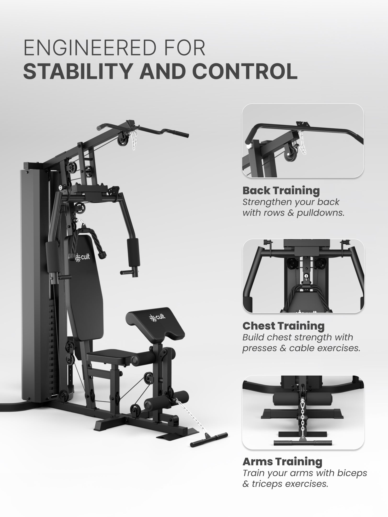 Cult Home Strength Multi Gym Machine | 70 kg Weight Stack | Multi Exercises | High, Mid & Low Pulley | Adjustable Seat | All-in-One Home Gym Equipment for Full Body Strength Training