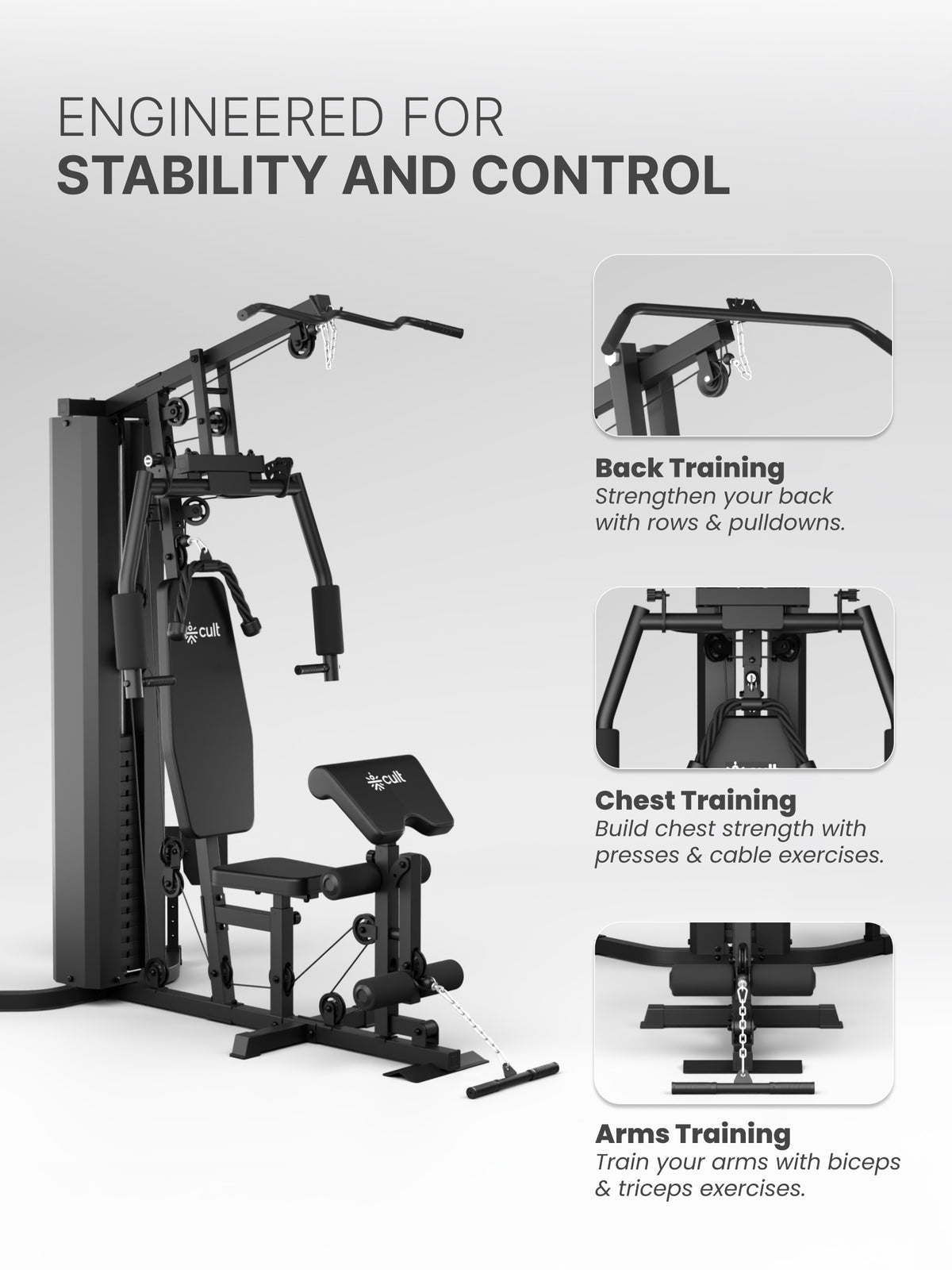 Cult Home Strength Multi Gym Machine | 70 kg Weight Stack | Multi Exercises | High, Mid & Low Pulley | Adjustable Seat | All-in-One Home Gym Equipment for Full Body Strength Training