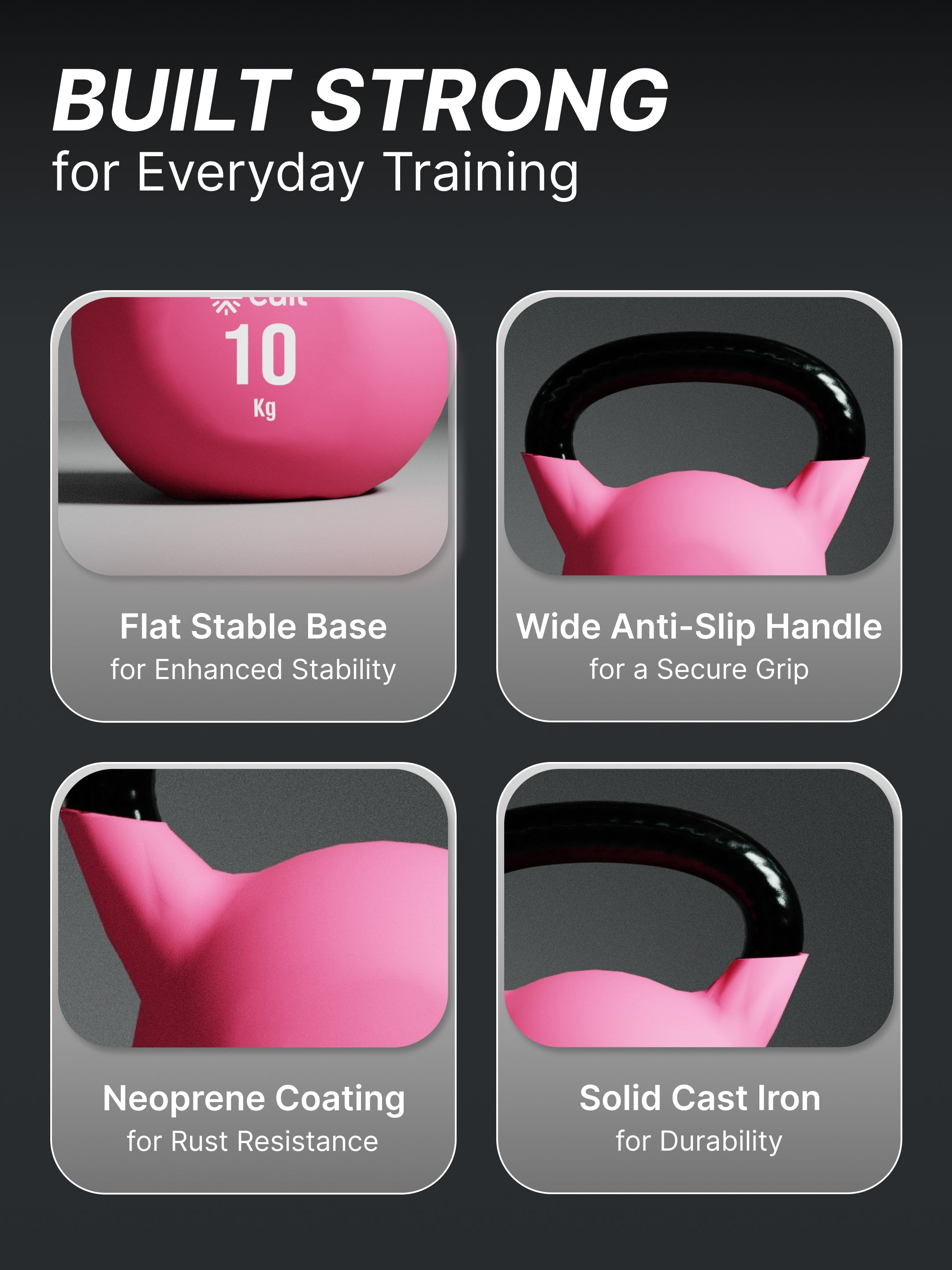 Cult 10kg Neoprene Anti-Slip Grip Colored Kettlebell for Home Workout - Pink (with 6 Months Extended Warranty)