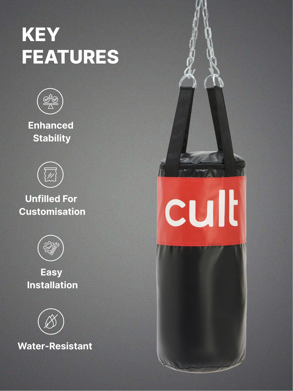 cult Punching Bag Black & Red 3ft Heavy Duty Punching Bag for Boxing, Kickboxing, MMA Training Reinforced Stitching Durable PU Leather Unfilled Easy to Install For Home & Gym Use