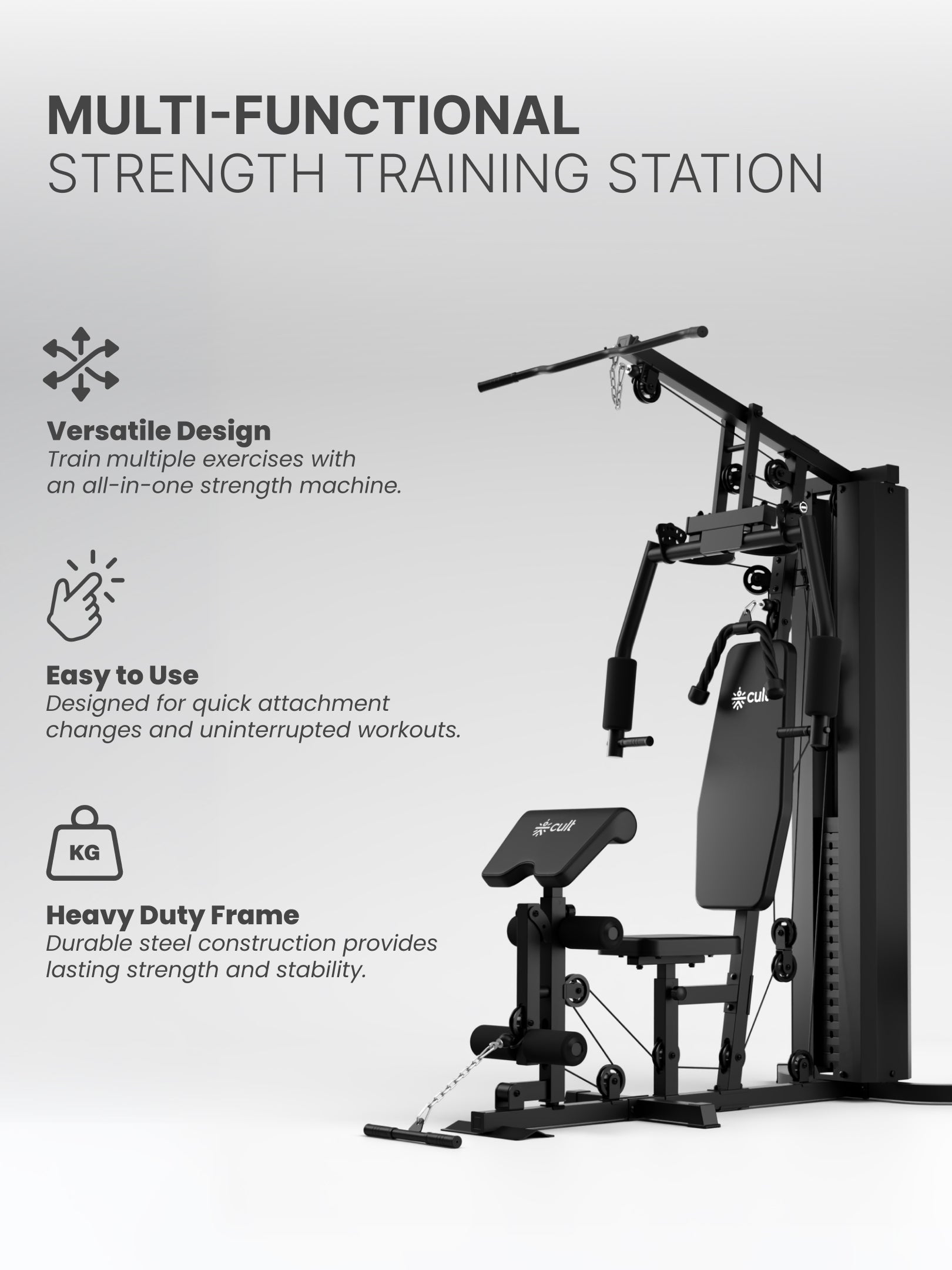 Cult Home Strength Multi Gym Machine | 70 kg Weight Stack | Multi Exercises | High, Mid & Low Pulley | Adjustable Seat | All-in-One Home Gym Equipment for Full Body Strength Training