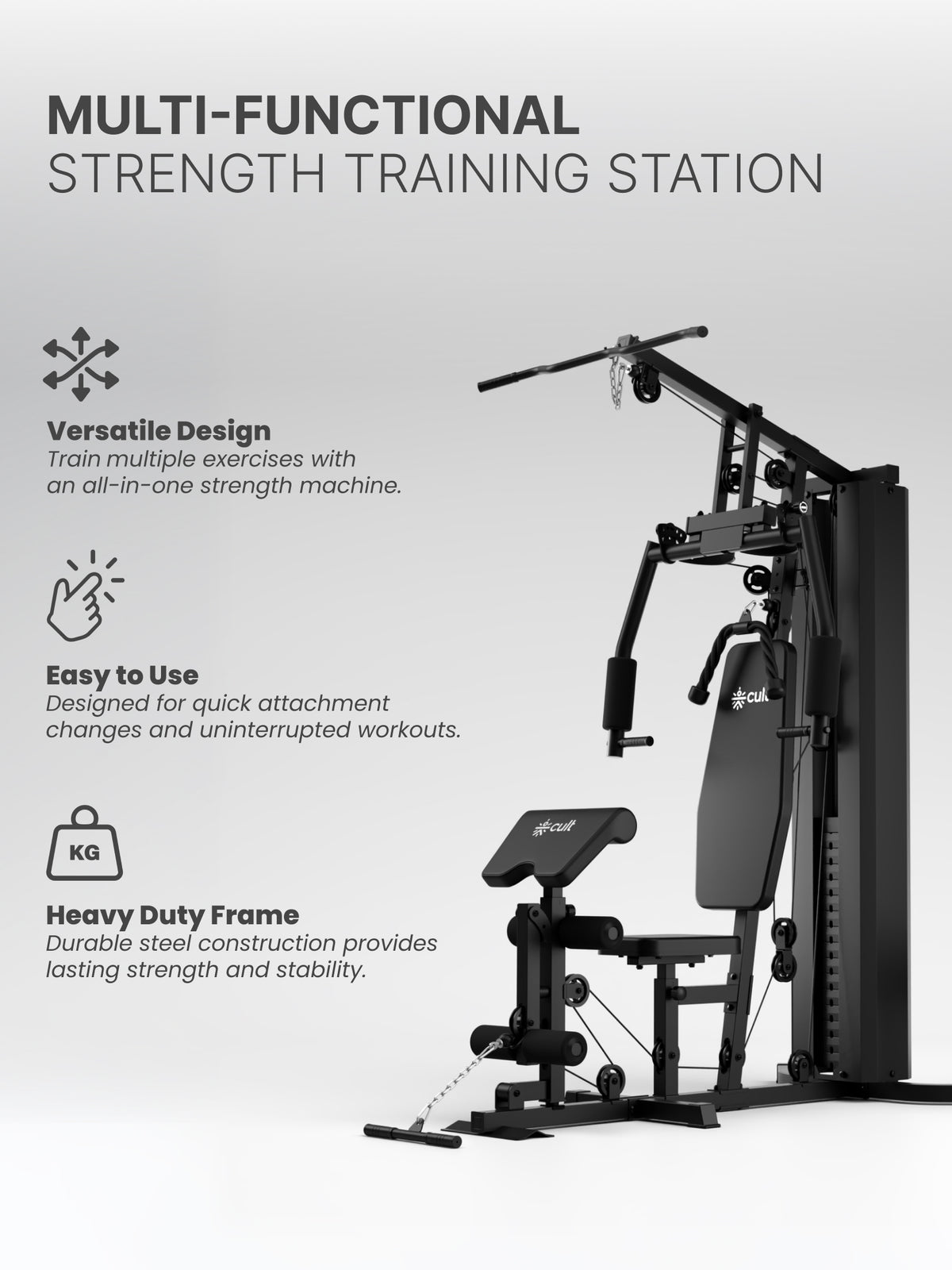 Cult Home Strength Multi Gym Machine | 70 kg Weight Stack | Multi Exercises | High, Mid & Low Pulley | Adjustable Seat | All-in-One Home Gym Equipment for Full Body Strength Training