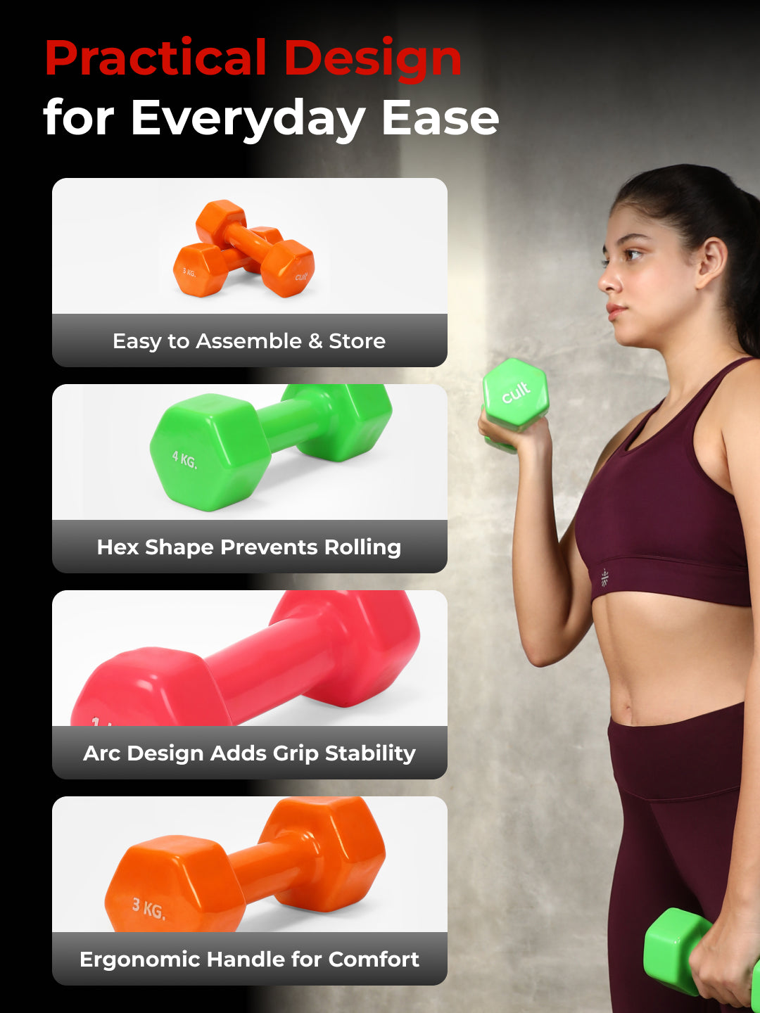 Cult Vinyl Dumbbells Combo for Home Gym Exercise (1kg + 3kg + 4kg Set) 16kg | Dumbbells with Rack