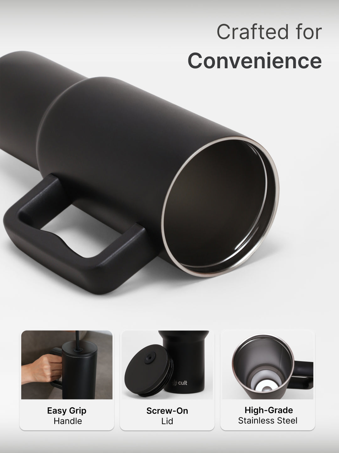 cult Steel Tumbler Double Vaccum Insulated for Hot and Cold 1200 ml Unisex Black with Straw