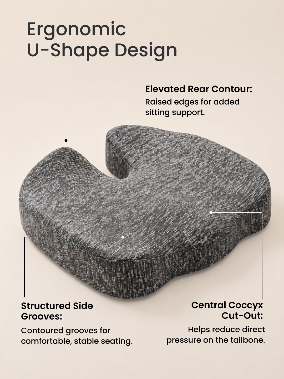 CULT Tailbone Support Pillow for Coccyx and Lower Back Comfort Cushion for Office Chair Car Seat and Home Seating Grey