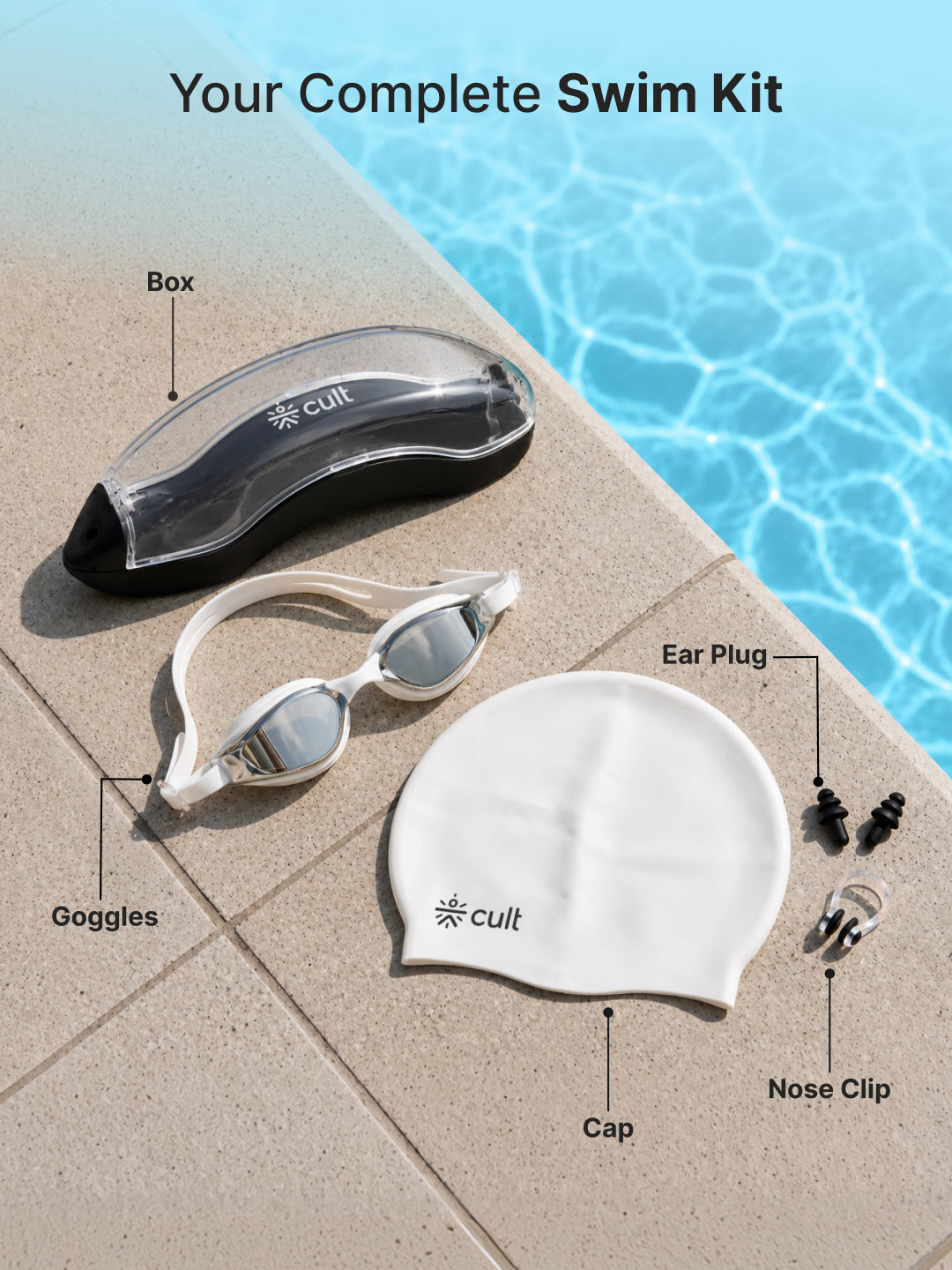 Cult Premium Swimming Kit, Anti-Fog Goggles, Silicone Swim Cap, Nose Clip, Ear Plugs & Premium Carry Box, White