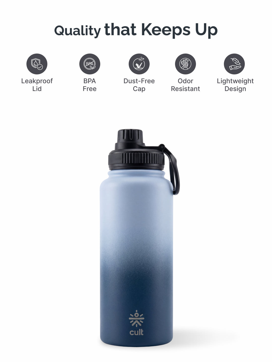 Cult 1L Insulated 24Hr Hot and Cold Water Bottle Leakproof Sports Cap Stainless Steel Blue