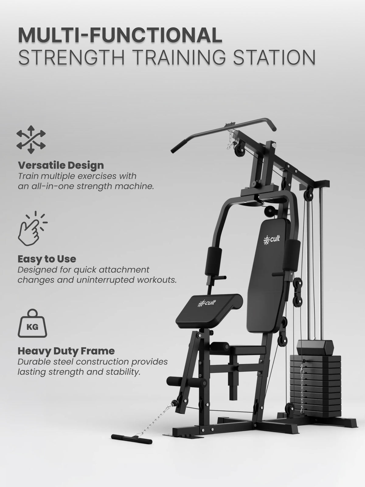 Cult Home Strength Multi Gym Machine | 45 kg Weight Stack | Multi Exercises | High, Mid & Low Pulley | Adjustable Seat | All-in-One Home Gym Equipment for Full Body Strength Training