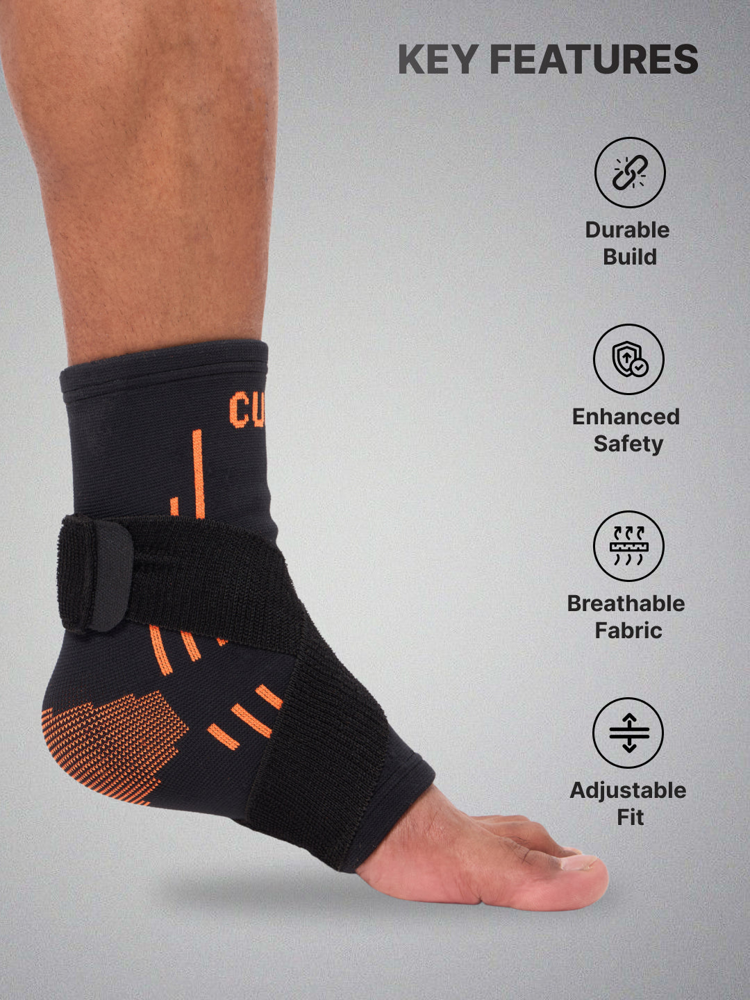 Cult Ankle Support with Elastic Strap | For Ankle Pain Relief | Stretchable Ankle support for Sports | Adjustable Free Size | Black Orange