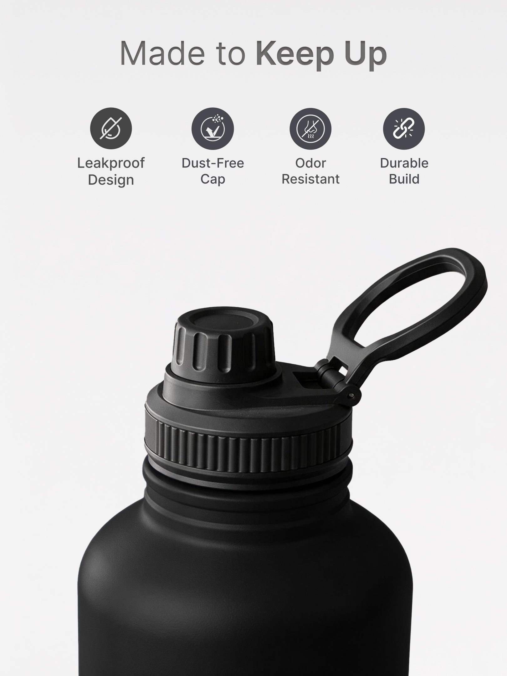 CULT 2 Litre Stainless Steel Water Bottle – 2000ml Leakproof Gym Hydration Jug with Sports Cap - Black