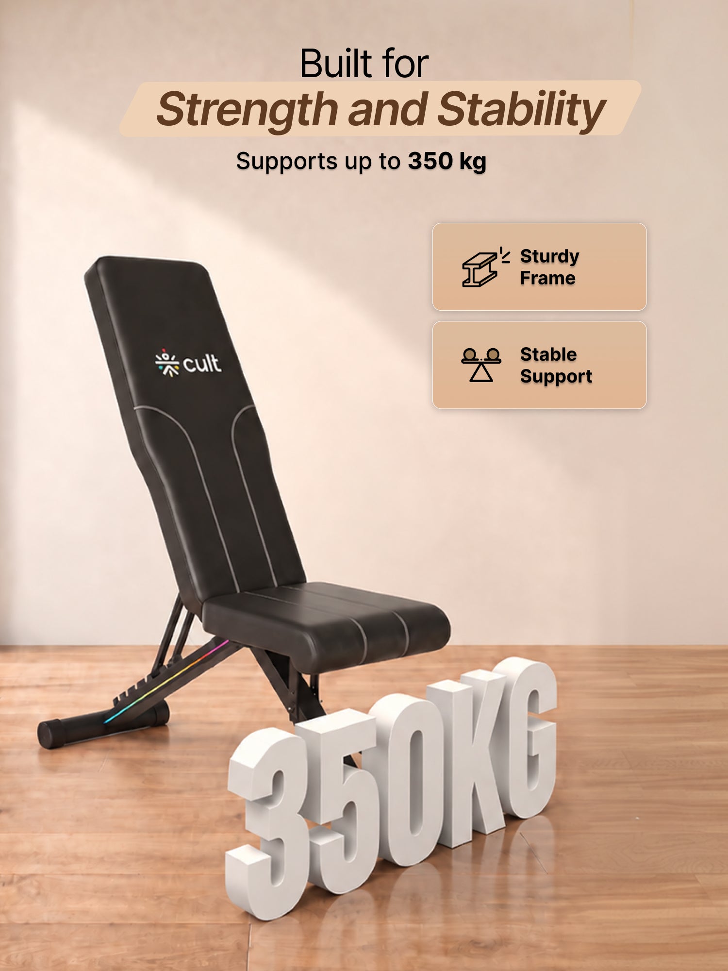 Cult StrivoFold Strength Training Foldable & Adjustable Bench | 7-Level Incline & 4-Level Decline | 350 kg Max Load Capacity | 3 Resistance Bands | Perfect for Home Workout